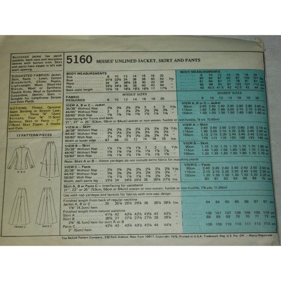 McCall's 5160 Carefree Pattern Size 12 Marlo's Corner Skirt Pants Jacket - Picture 3 of 6